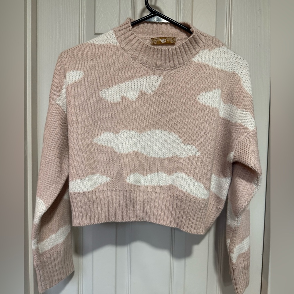 The Copper Closet Dreamy Pink and White Cropped Cloud Sweater